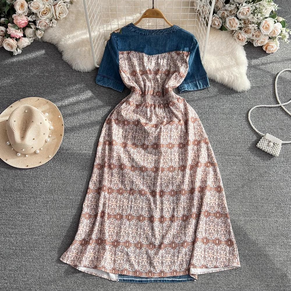 Nya sommarkvinnor tryck V-ringning enkelknäppt kortärmad broderi chiffong lapptäcksarbete mode elegant vardagsklänningar