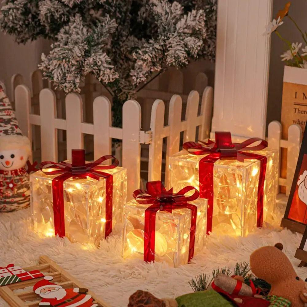 Conjunto de 3 Peças/Conjunto DIY Caixa de Presente de Natal em PVC Luminosa com Fita de Laço Caixa de Iluminação de Natal Caixas de Presente Dobráveis Iluminadas para Exterior