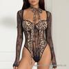 Leopard Lace Lingerie Set: Long Sleeve Bodysuit with Chest Padding