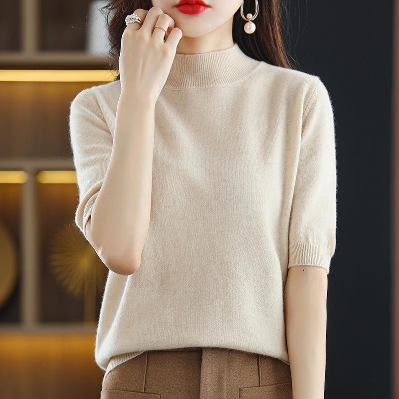 Pulover Tricotat cu Mâneci Medii pentru Femei - Gât Mediu-Înalt, Top Versatil Slimming