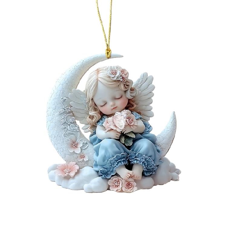 

Modern 2D Acrylic Angel Baby On Moon Pendant Charm Car Interior Decors Hanging Ornament Christmas Gift Key Accessories