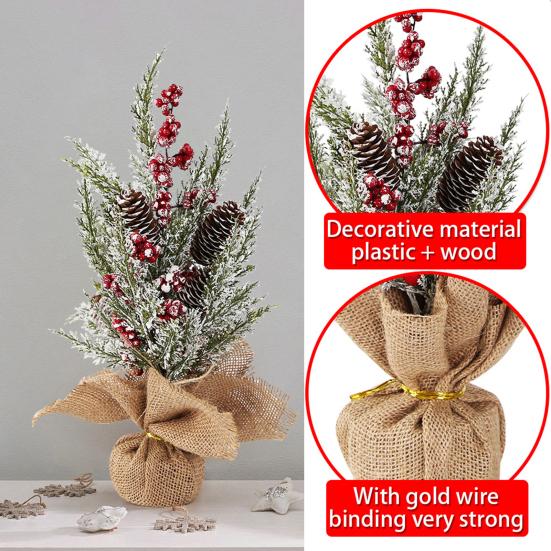 Small Christmas Artificial Plants with Burlap Base Faux Pine Branches with Red Berries/Poinsettias Flower