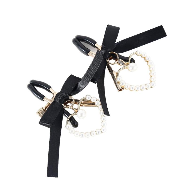Adjustable Nipple Clamps With Soft Non Slip Tips Black Bow And Pearl Heart Pendant Perfect For Intimate Couple Bedroom Play