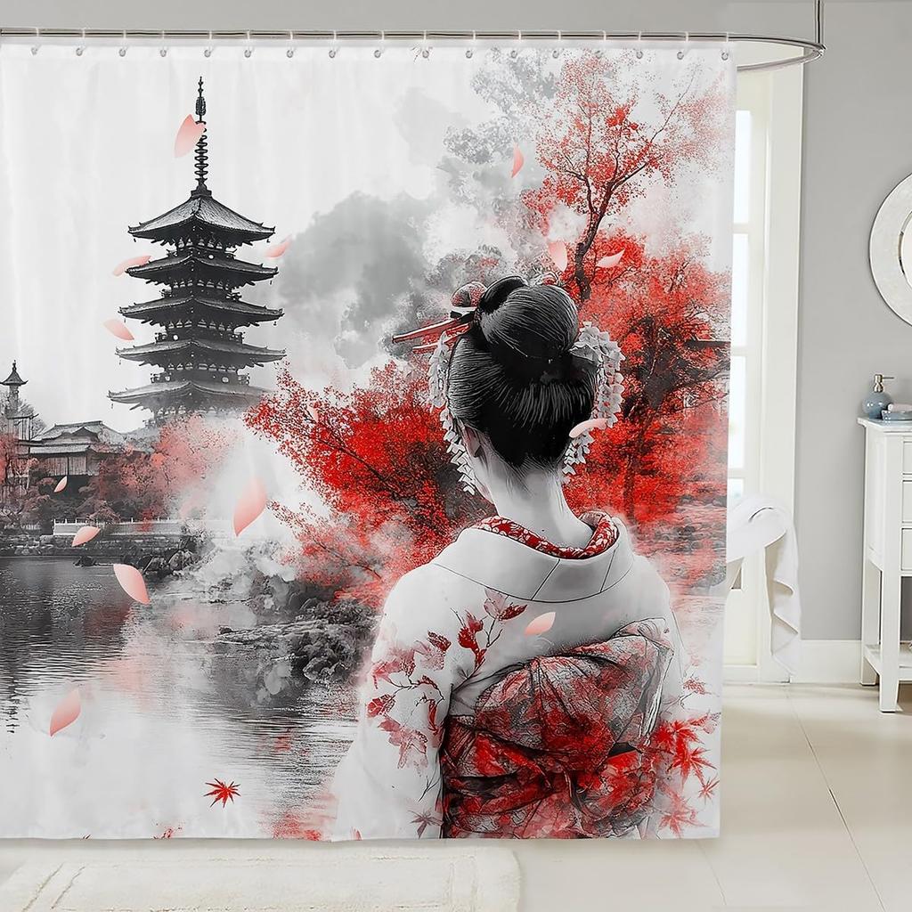 Kids Japanese Geisha Shower Curtain Boys Girls Cherry Blossoms Bathroom Shower Curtain Set Japanese Style Bath Curtain