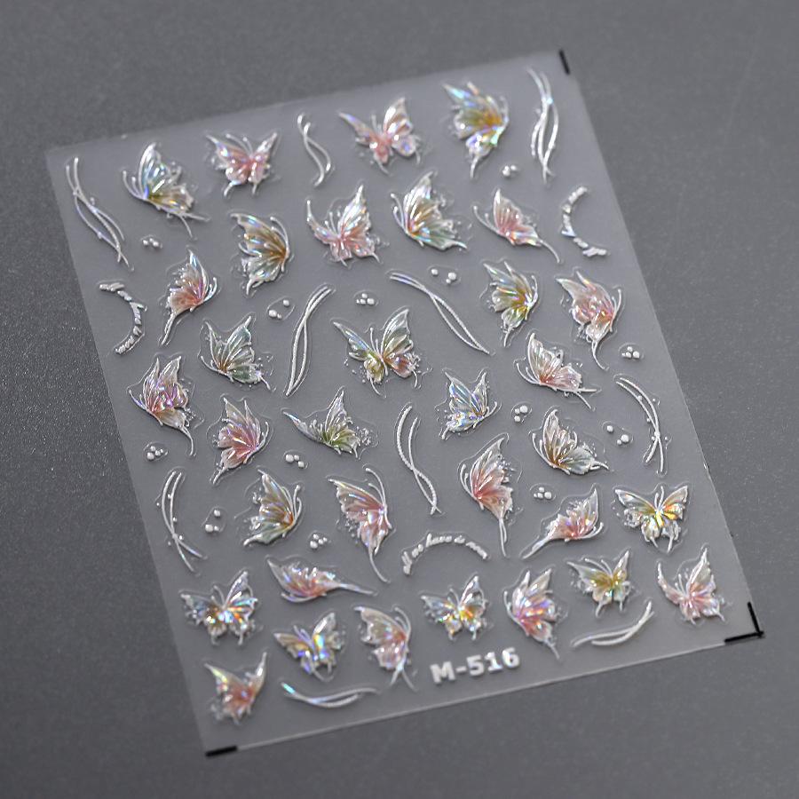 5D illusion polarized butterfly nail sticker pink purple blue fashionable self-adhesive butterfly nail art decoration sticker
