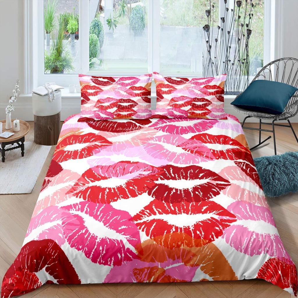 Paris Bettbezug mit roten Lippen, Kussspuren, Dekor, Bettwäsche für Mädchen und Erwachsene, Eiffelturm-Bettbezug, romantische Raumdekoration für Frauen