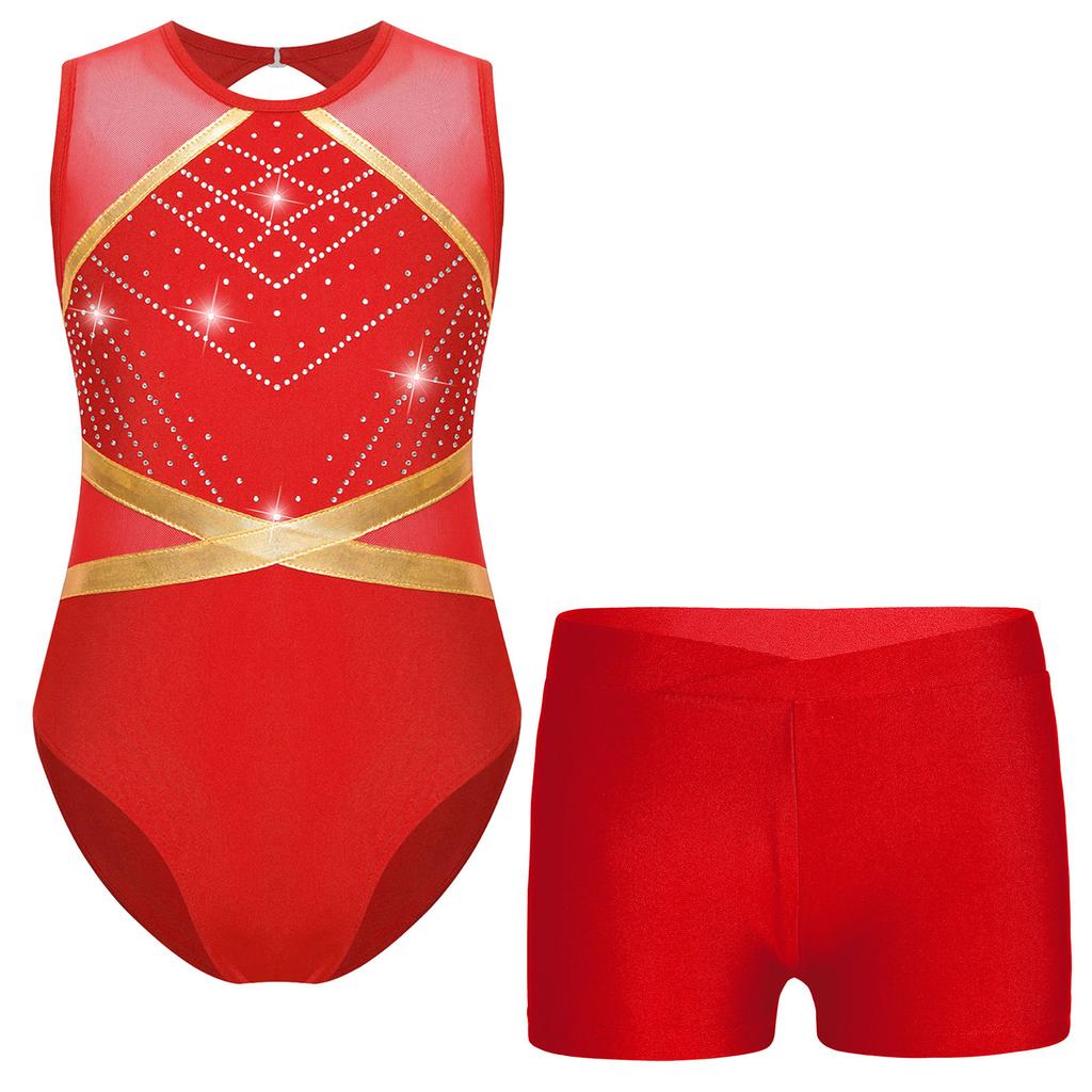 Girls Glittery Rhinestones Gymnastics Outfit V Front Waistband Shorts Keyhole Back Sleeveless Bodysuit Figure Skating Dance