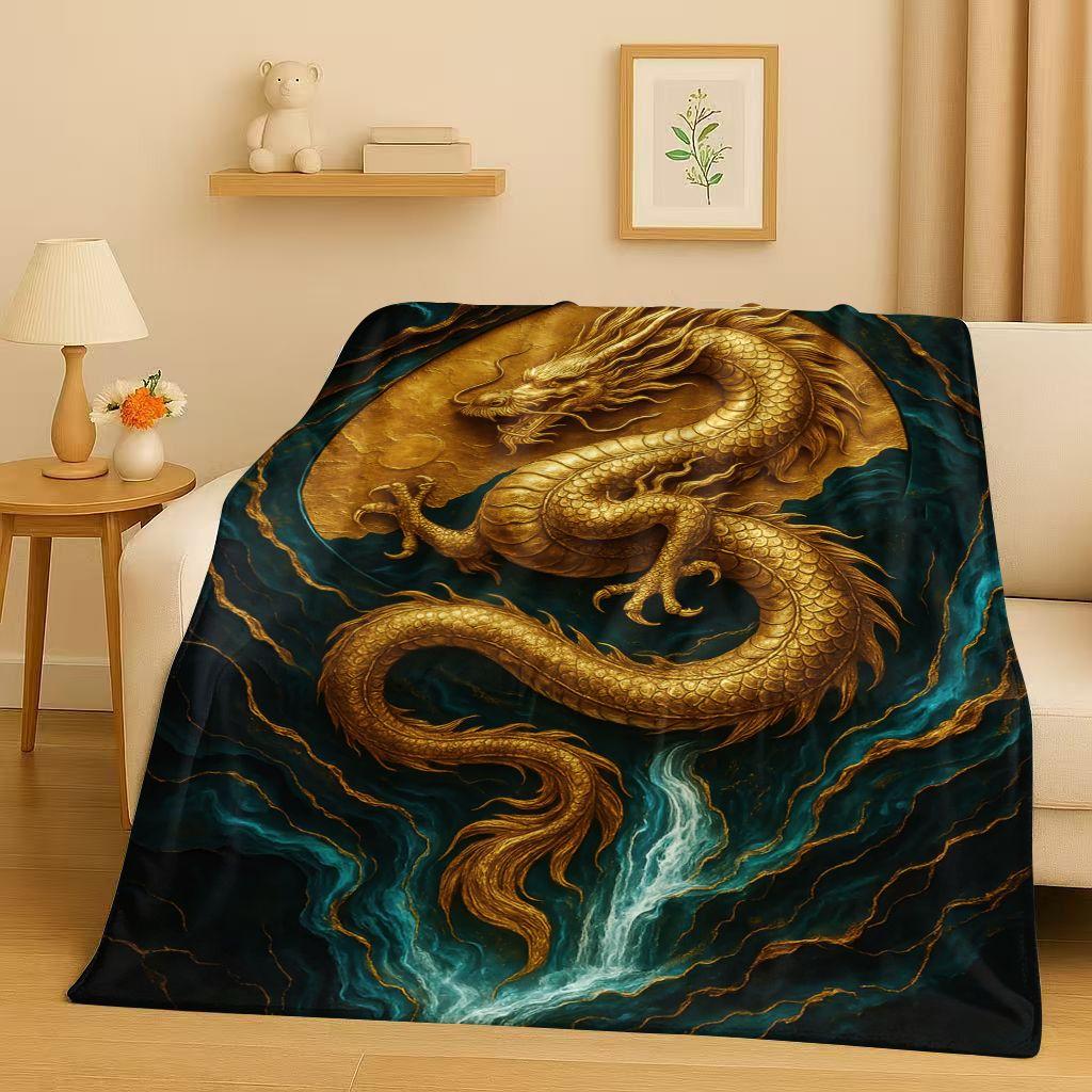 HD Yin Yang Element Dragon Chinese Loong Cartoon Flannel Blanket,Ultra Soft Warm Plush Throw for Home Bedroom Bed Sofa Cover Kid