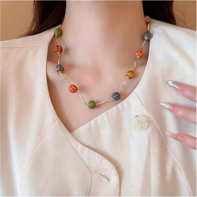 Colorful Ceramic Beads Necklace for Women Wateproof 18K Gold Plated Wavy Unique Handmade Jewelry