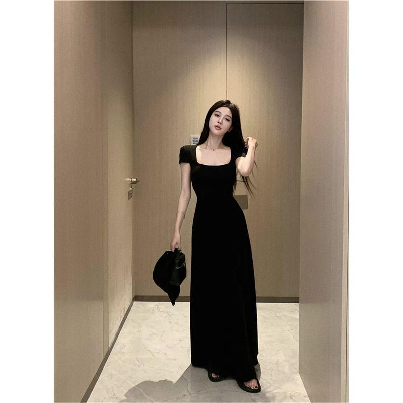 French sweet and spicy style sexy square-neck dress for women, summer Korean design with a cinched waist fitted hip-hugging long dress