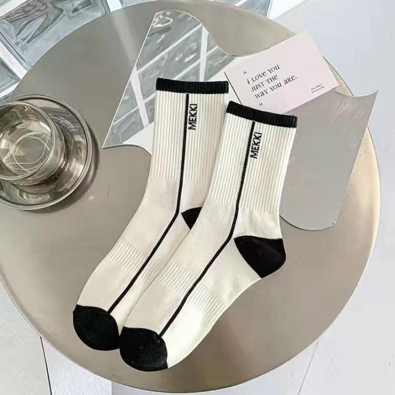 Women's Mid-calf Socks, Spring and Autumn Thin Striped M Letter, Trendy and Versatile, School Style Black and White Sporty Long Calf