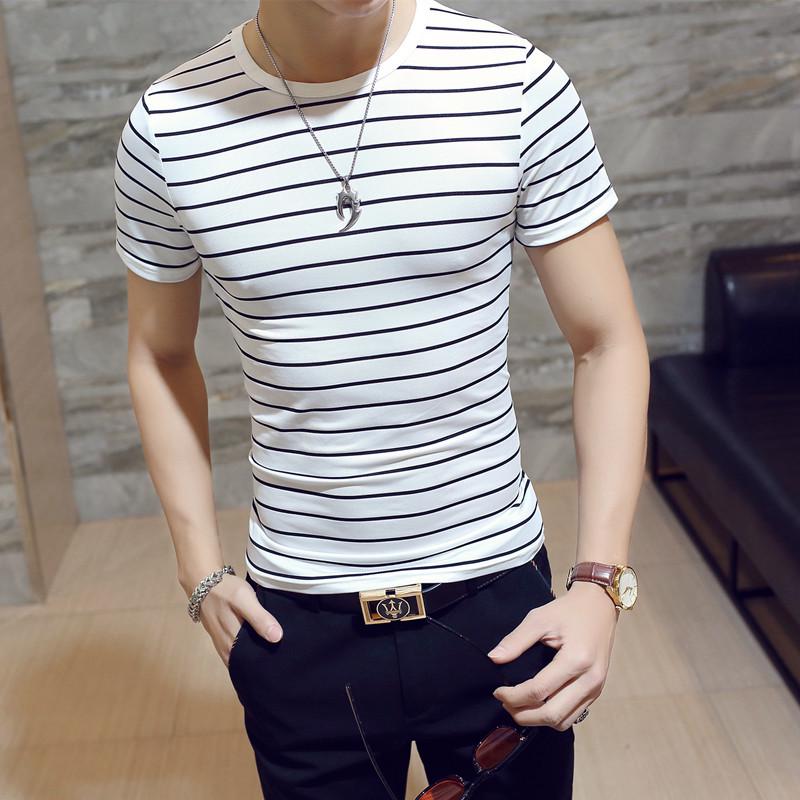 Korean Style Round Neck Men s Striped Short Sleeve T-shirt 4XL