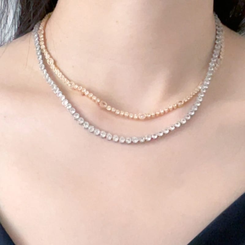 ELYONA Round Setting Tennis Chain Necklace with Cubic Zirconia (Gold/Silver) - Daily Layered Luxury Style