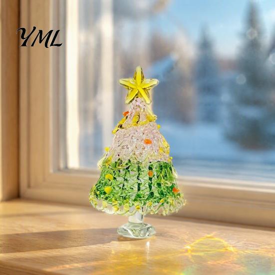 Decorative Christmas Collectibles Hand Blown Glass Tree Figurine, Mini Tabletop Seasonal Window Display Decor Xmas Ornament, Handmade Desktop Holiday