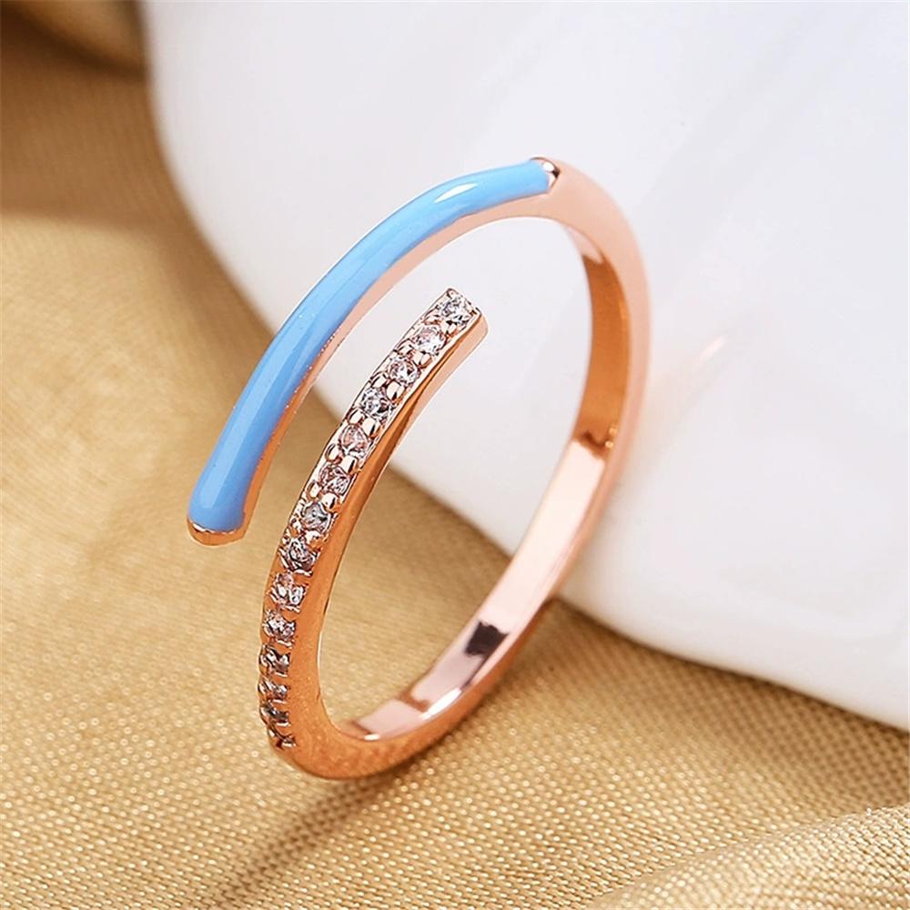 

Cute Female Green Yellow Pink Enamel Rose Gold Color Wedding Rings Promise Open Adjustable Engagement For Women resizable синій