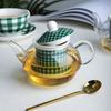Ceramic Tea for One Set Checkered Design Glass Teapot Fine Bone China Saucer Teacup Tea Strainer Infuser Teaware with Gift Box