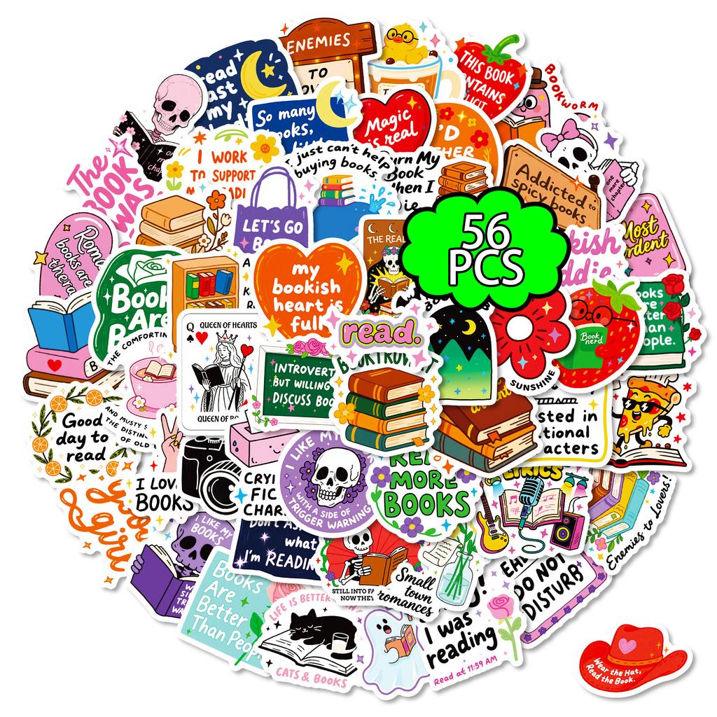 56 Reading Book-Themed Cartoon Text-On-Video Full English Skateboard Guitar Decorative Stickers
