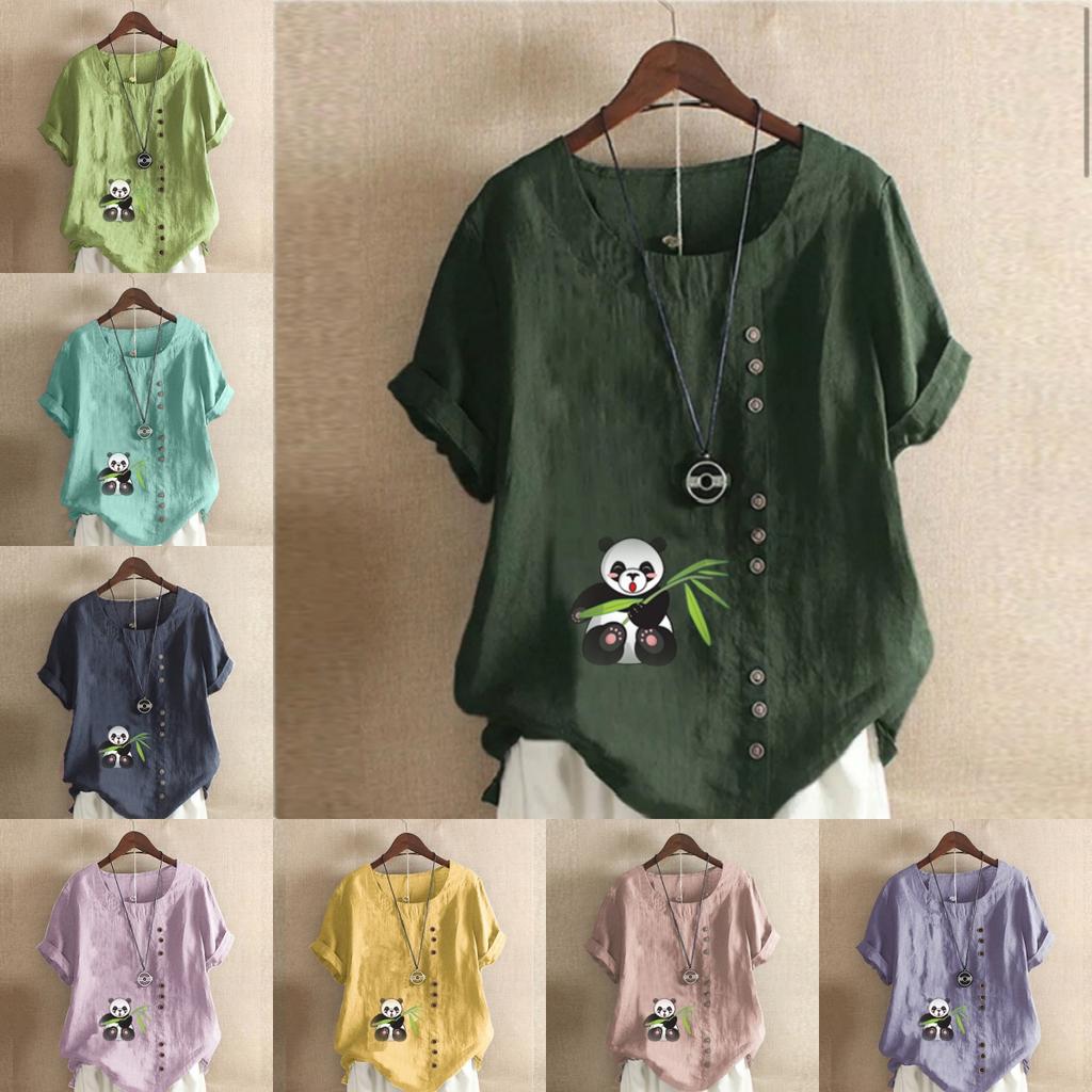 Women's Fashion Panda Print Short Sleeve T-shirt Loose Cotton Shirt Casual Loose Summer Blouse Tops Plus Size
