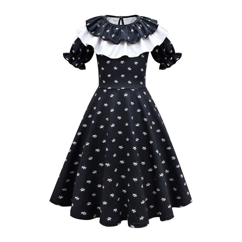 Mittwoch Addams Kleid Perücke Cosplay Kostüm für Mädchen Kinder Halloween Weihnachten Party