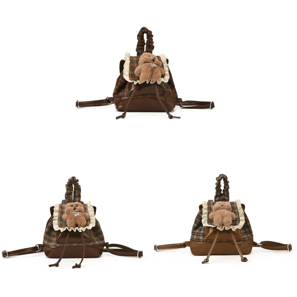 Korean Flannel Pattern Bear Backpack For Casual Daily Use