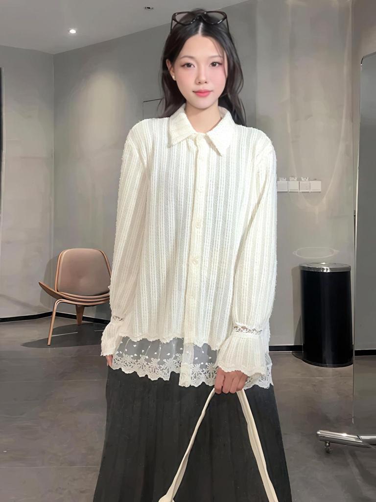 Korean Style Patchwork Plush Lace Long Sleeve Top for Women - Slimming Loose Base Layer for Spring and Autumn