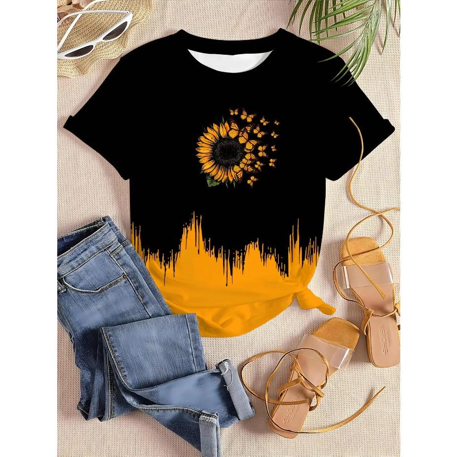 Tricou de damă cu imprimeu floral - Galben viu și albastru margaretă gât rotund mânecă scurtă top casual pentru toate anotimpurile tricouri de damă