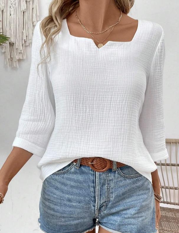 

Женская блузка с квадратным вырезом и рукавом 3/4 в белом, черном, светло-голубом, розовом цвете - Повседневные топы со стрейчем S белый