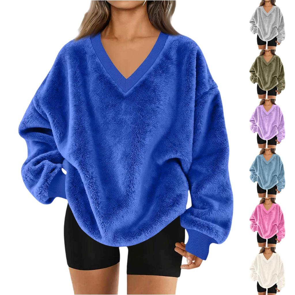Women's V-Neck Sweatshirt Plush Color Casual Fashion Long Sleeve With Pocketed Pullover Top