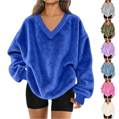 Women's V-Neck Sweatshirt Plush Solid Color Casual Fashion Long Sleeve With Pocketed Pullover Top