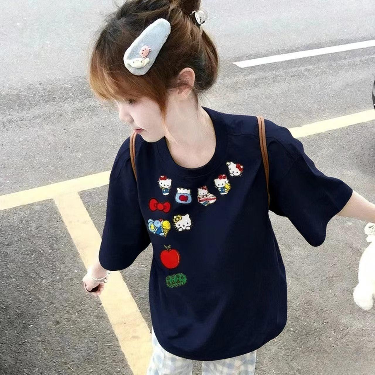 

Sanrios 2026Summer New Collection HelloKitty Cartoon Print Pure Cotton LooseFitting Breathable Womens ShortSleeved TShirt S