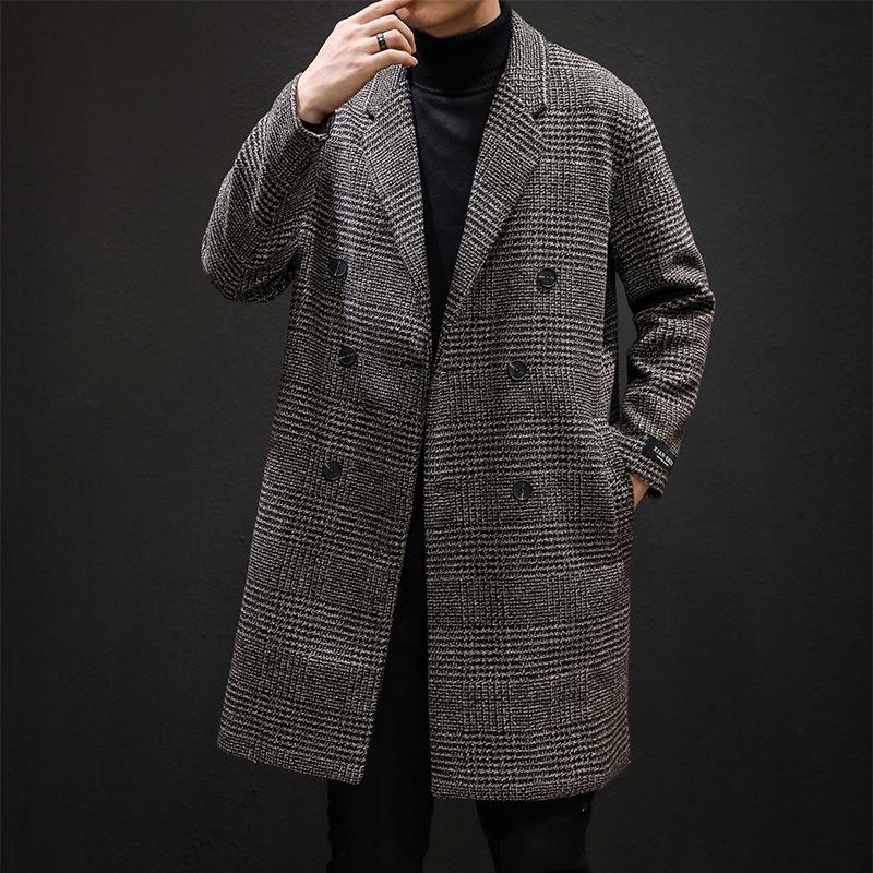 Herren mittellanger karierter Woll-Trenchcoat - Trendige lässige Jacke im Hongkong-Stil für Herbst und Winter