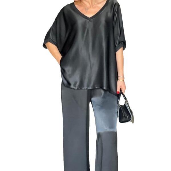 European and American 2024 V-Neck Short-Sleeve Casual Wide-Leg Pants Set