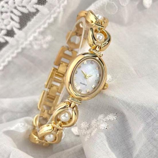 Ladies Oval Dial Watch Elegant Faux Pearl Bracelet Nacre Surface Wristwatch Retro Quartz Watch Luxury Timepiece