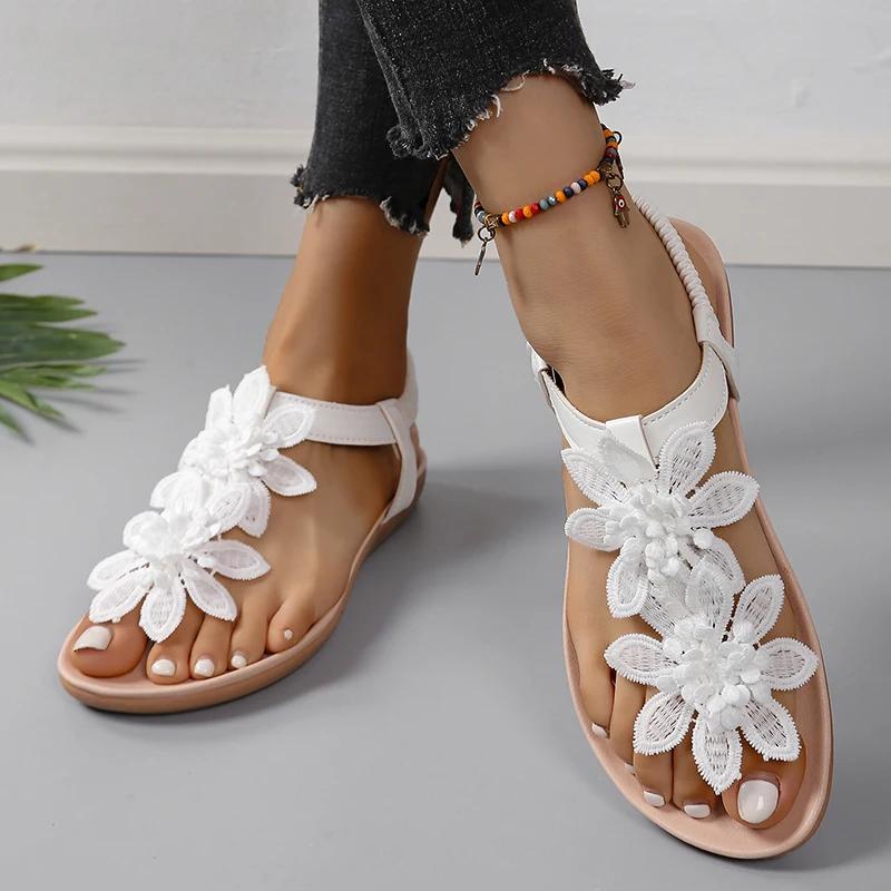 White Floral Sandals Women's Clip Toe Sandals Flat Women Summer Casual Shoes Bohemia Flowers Slip On Beach Ladies Shoes