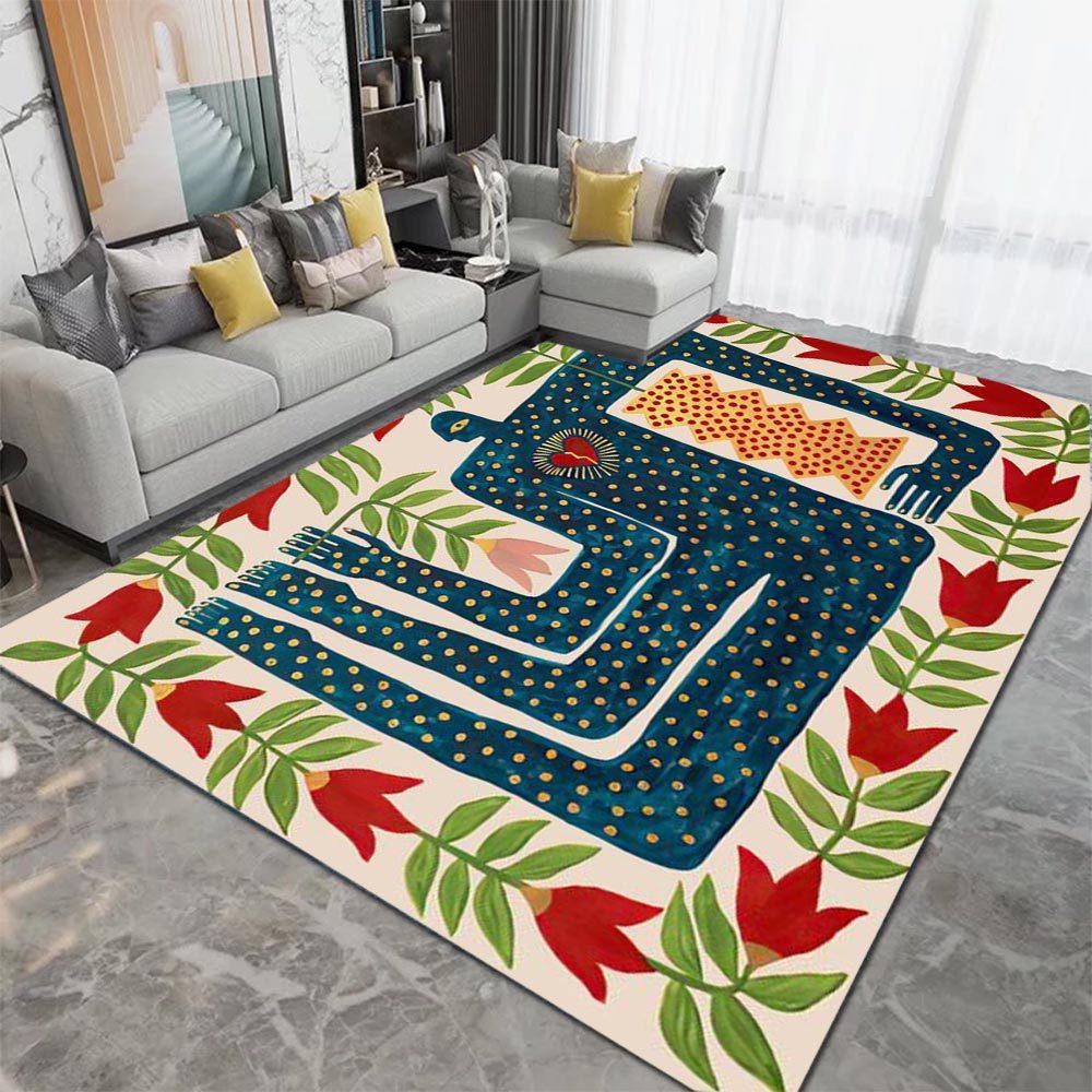 Abstract Blue Human Figure Carpet Mat Red Flower Pattern Modern Living Room Rug with Dotted Texture Home Bedroom Decoration
