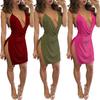 Club Lady Solid Color Halter Deep V Backless Split Bodycon Sleeveless Mini Dress