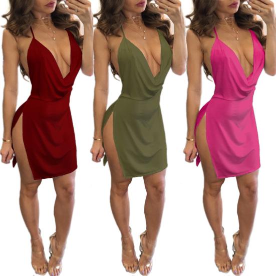 Club Lady Solid Color Halter Deep V Backless Split Bodycon Sleeveless Mini Dress