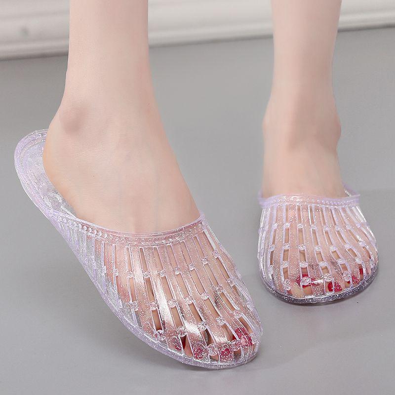 Women's Trendy Crystal Cool Non-Slip Slippers - Versatile Closed-Toe Hollow Design for Shower & Bathroom.