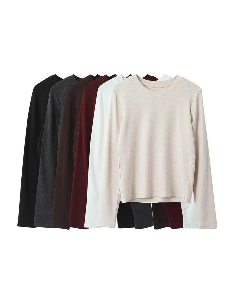 Solid Color Round Neck Long Sleeve Slim Fit Base Shirt for Women - Autumn/Winter 11096