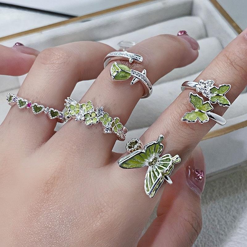 Grüner Emaille Öltropfen Schmetterling Blume Zir*****Stift Ring Klein Frisch Leichter Luxus Hoher Sinn Ring Frau