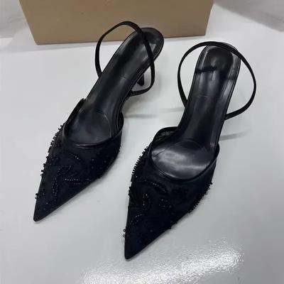 Mode 2025 Neue Schwarze Frau Besticktes Mesh Offene Ferse Schuhe Mode Print Stiletto Damen High-Heel Pumps Sexy Spitz Zehensandalen