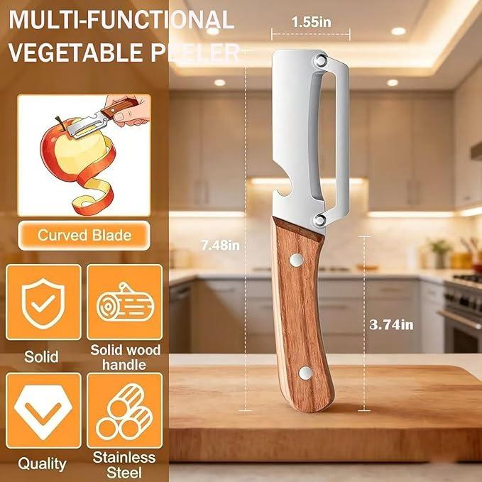 Multifunctional Vegetable Peeler with Wooden Handle and Bottle Opener, 2-in-1 Stainless Steel Blade, Camping, Apple Potato Pumpkin Papaya Peeling