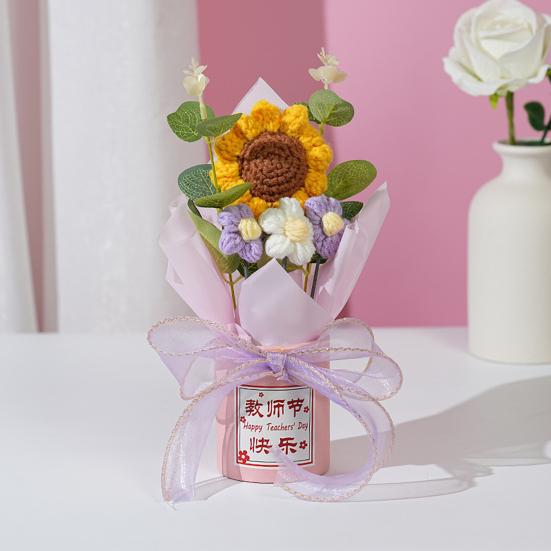 Teachers' Day Crochet Sunflower Bouquet with Eucalyptus Leaf Handmade Knitting Yarn Floral Decoration Home