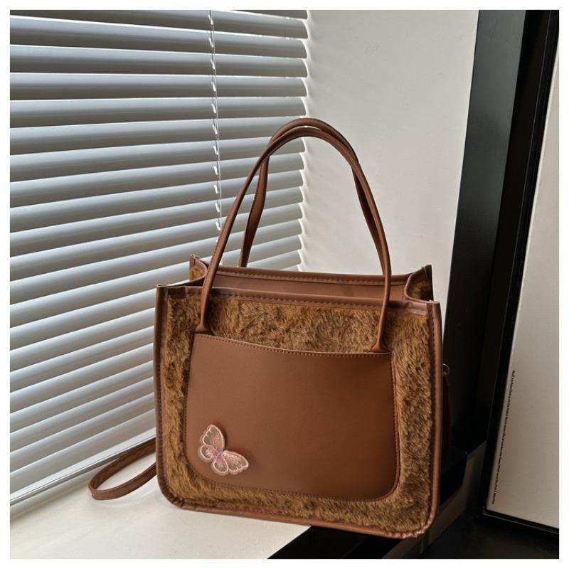 

Осенне-зимняя плюшевая ретро сумка-мессенджер из овчины, зимняя сумка, универсальная большая вместительная сумка-тоут, модная наплечная сумка темно-коричневого