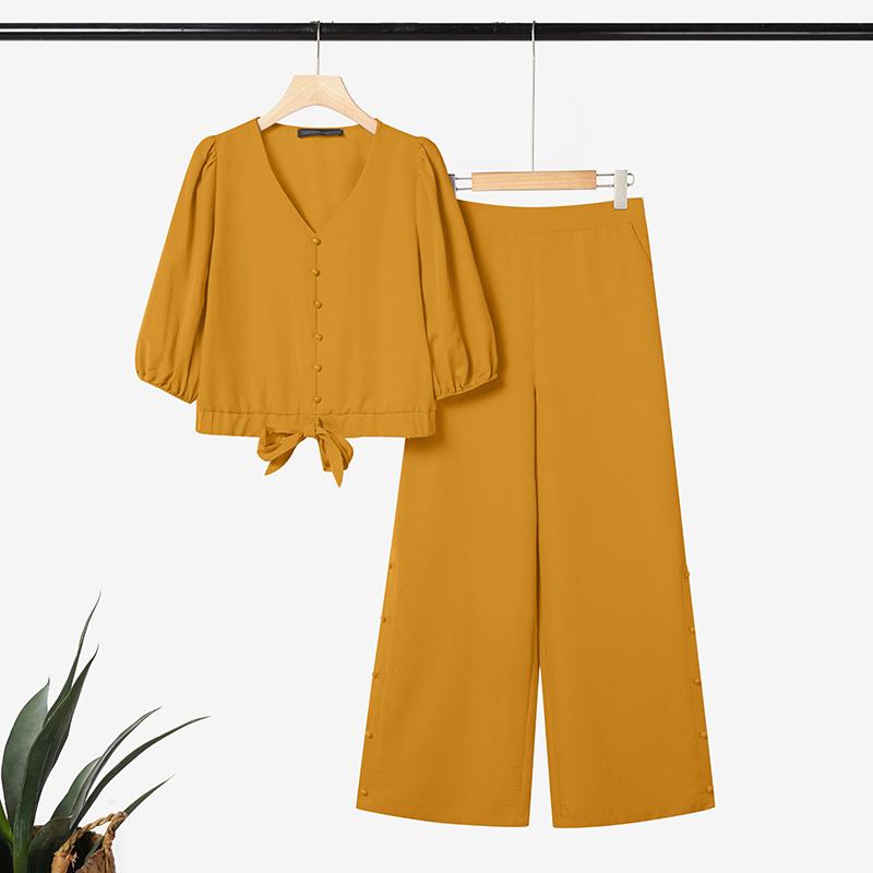 

ZANZEA Женская блузка с коротким рукавом и брюки Повседневные костюмы-двойки 5XL жёлтый