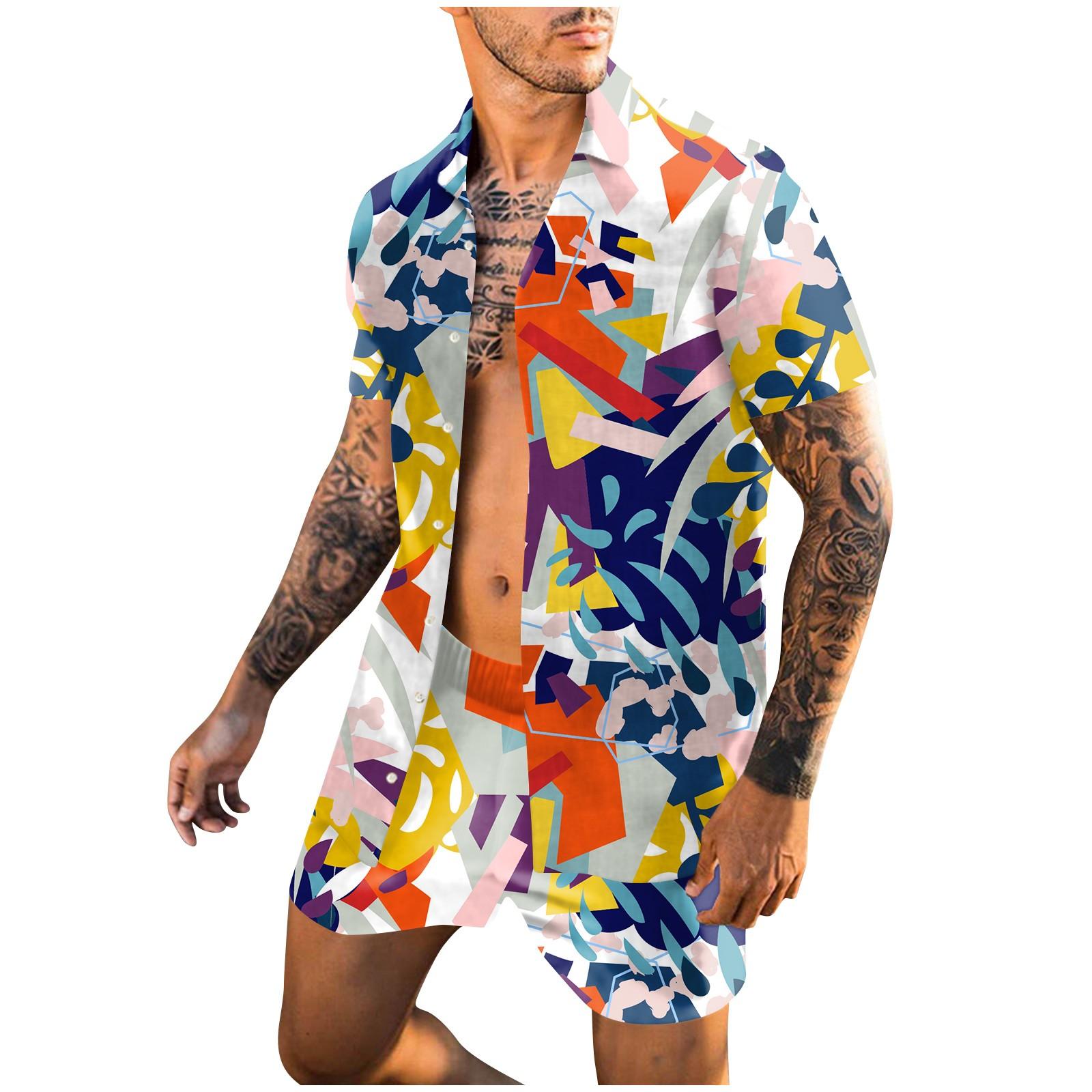 

Мужская рубашка с цветочным принтом, гавайские комплекты, повседневная рубашка на пуговицах с коротким рукавом L синий