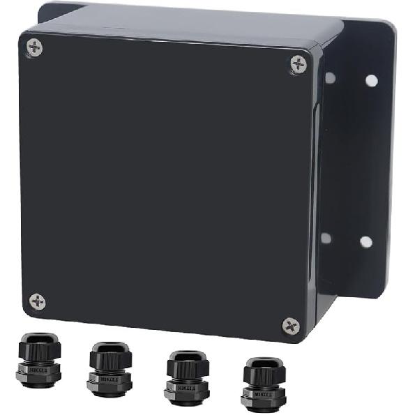 Project Box ABS Black Electrical Boxes IP65 Outdoor Waterproof Box Electronic Junction Box Fixed Ear Power Enclosure with Cable Glands for DIY