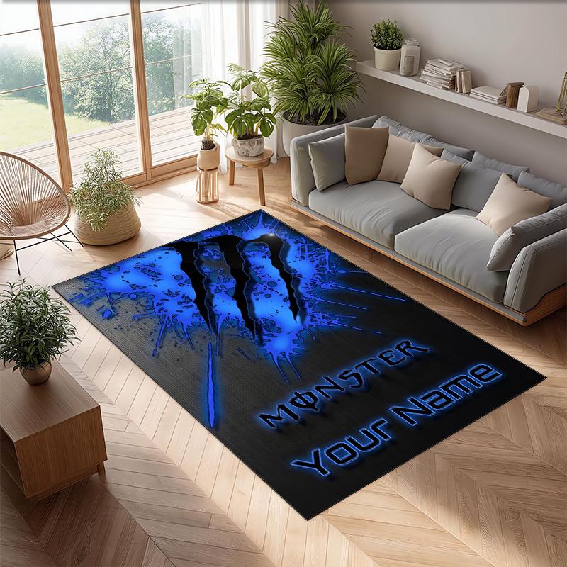Tappeto Monster Energy Crystal Velvet, Tappetino Antiscivolo Personalizzato con Nome Testo per Arredamento Casa Regalo