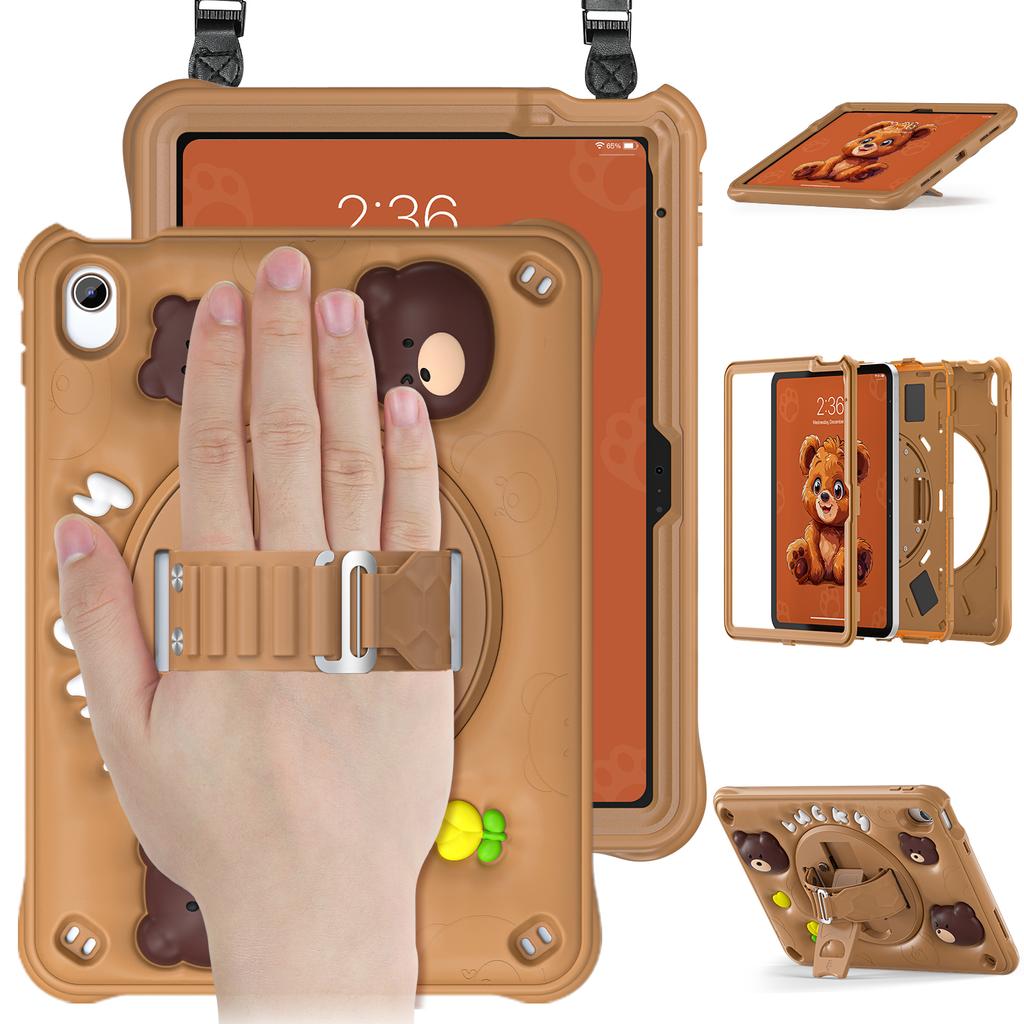 For iPad (2025)/10.9 (2022) Case with Shoulder Strap Bear Pattern PC+Silicone+TPU Kickstand Tablet Cover