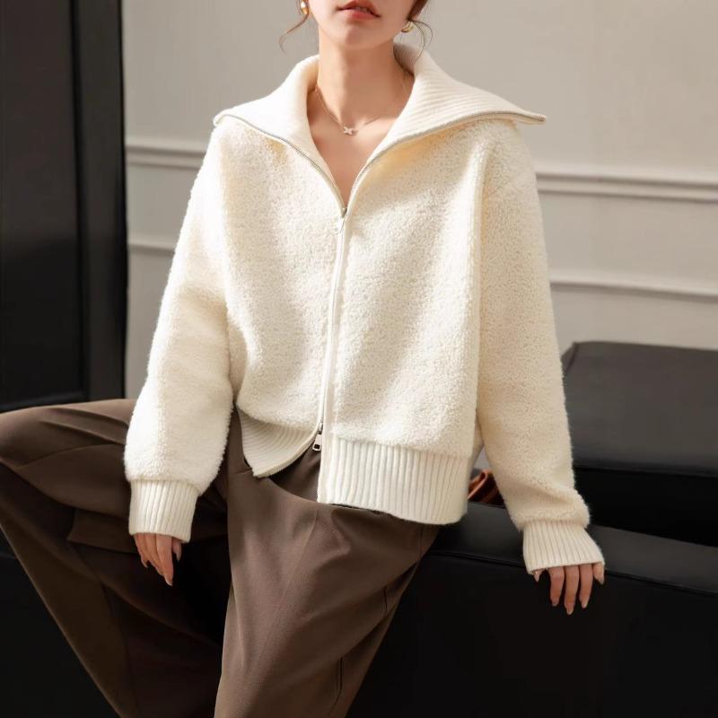 Autumn and Winter New Large Lapel Double Zipper Lamb Wool Knitted Cardigan Women's Lazy Style Versatile Sweater Jacket Women